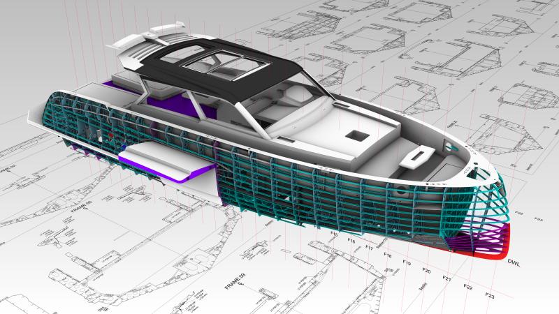 3D rendering of a yacht's internal structure overlaid on technical blueprints.